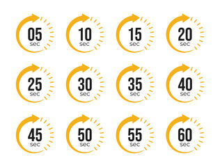 Countdown timer icons from 5 to 60 seconds in circular arrow design, representing stopwatch, time tracking, scheduling, deadline, and duration measurement concepts.