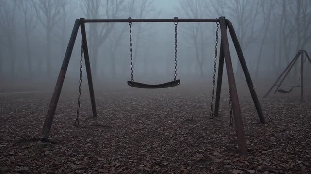 An abandoned swing set stands silently in a fog-covered, desolate park. The eerie atmosphere and barren trees evoke feelings of nostalgia and solitude, captivating the viewer's imagination. (158 chara