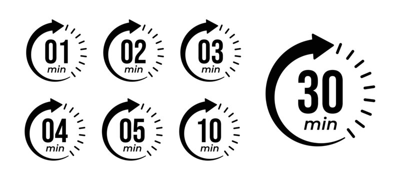 Countdown timer icons for 1, 2, 3, 4, 5, 10, and 30 minutes in circular arrow design, representing stopwatch, cooking time, time tracking, scheduling, deadline, and duration measurement.
