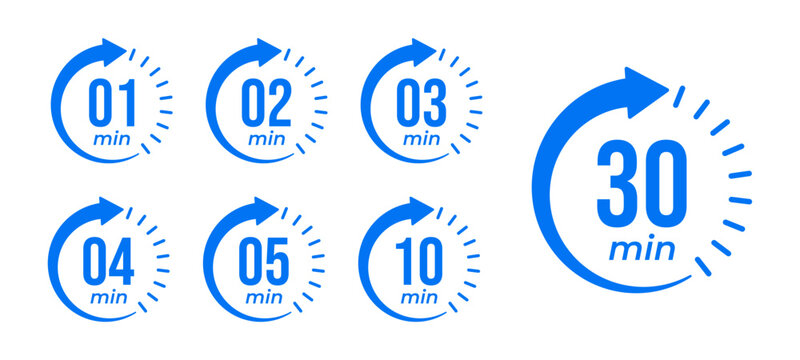 Countdown timer icons for 1, 2, 3, 4, 5, 10, and 30 minutes in circular arrow design, representing stopwatch, cooking time, time tracking, scheduling, deadline, and duration measurement.