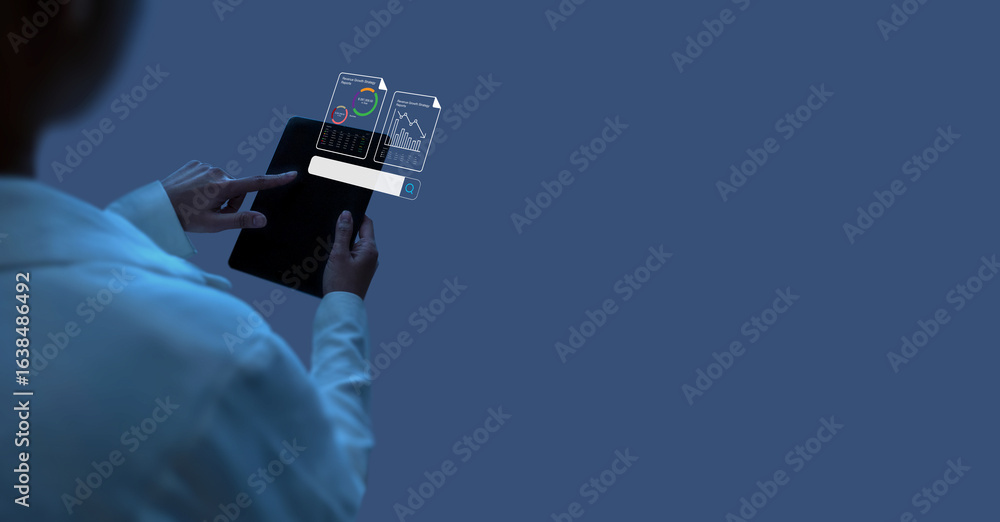 Poster business professional using tablet with ai-powered data visualization