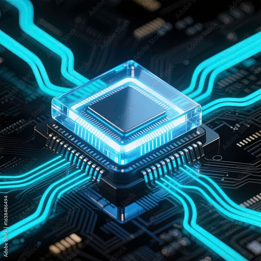Poster a dark background with glowing neon-colored circuit patterns resembling a high-tech motherboard or c
