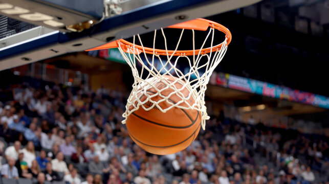 Scoring the winning points at a basketball game. action-focused close-up of a basketball game. A basketball is captured in mid-air, just as it is about to pass through the net.