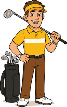 Cartoon golfer character with golf bag, flat vector illustration, golf club pose, sports outfit, silhouette style, CAD drawing art