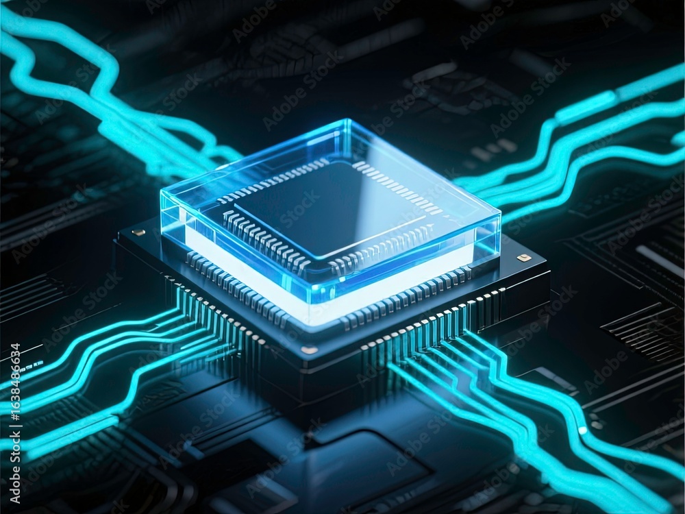 Aufkleber a dark background with glowing neon-colored circuit patterns resembling a high-tech motherboard or c