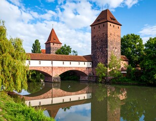Medieval stone bridge over a calm river