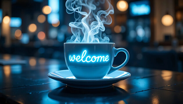 A Steaming Cup of Coffee with a Glowing "Welcome" Sign on a Cafe Table, Blue Neon Light, Blurry Background, Coffee Shop, Hospitality, Relaxing.