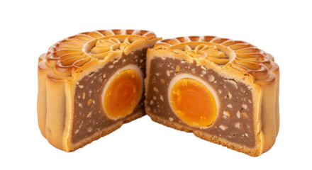Golden round mooncake with lotus paste and egg yolk filling cut in half on transparent background