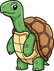 Cartoon turtle character, green and brown shell, friendly animal, expressive eyes, vector art, hexagonal pattern, smiling reptile