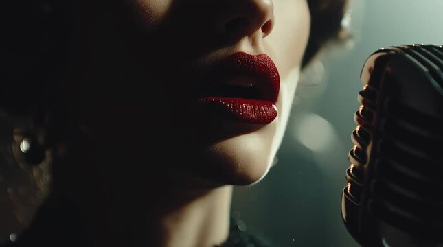 Sultry Songstress: A close-up captures a captivating woman with bold red lipstick as she passionately performs a song, evoking a vintage aesthetic, ready to mesmerize her audience.