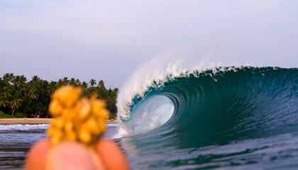 Hand holding nut, facing a powerful wave