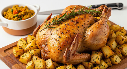 roasted chicken with potatoes and vegetables