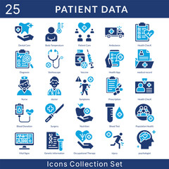 Patient Data icon set collection in solid glyph style. an icon pack contain patient care, ambulance, health check, diagnosis, stethoscope, vaccine, health app, medical record, nurse, doctor