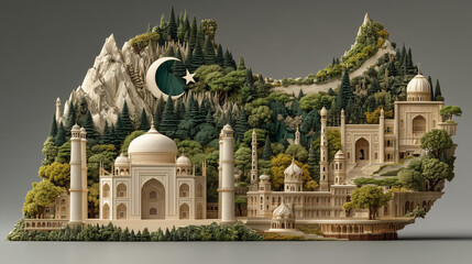 Obraz premium Pakistan day 14 August 1947. Pakistan map with monuments and flag of Pakistan. resolution day, national day, 25 December, 9 November, 6 September, best for use in every event and for commercial uses