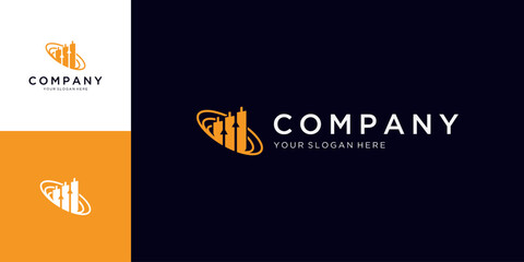 Combined of Rise Arrow Diagram Chart in Elliptical Orbit Ring, Financial Concept. Logo Design Vector Inspirations.