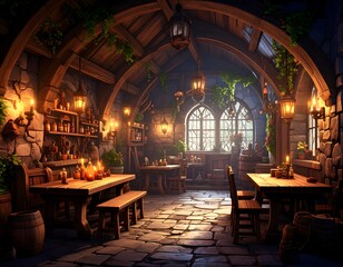 Medieval tavern interior, warm and inviting