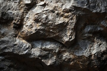 Close-up view of rough, dark gray and brown rock face.  Textured surface with uneven, jagged edges