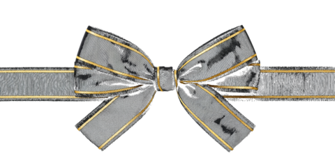 Elegant black ribbon bow with gold edging on black isolated on a transparent background