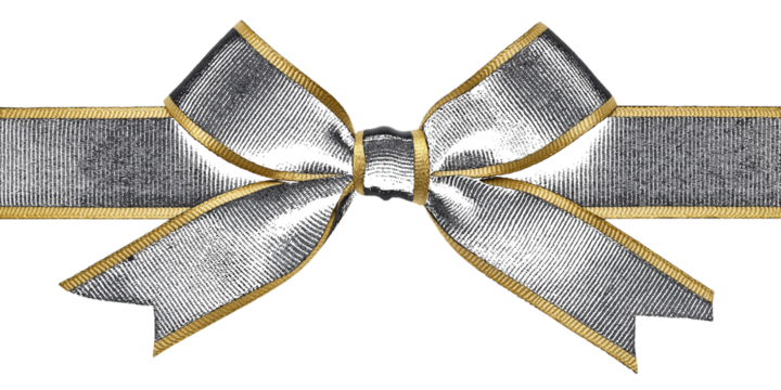 Black ribbon bow with gold trim isolated on a transparent background