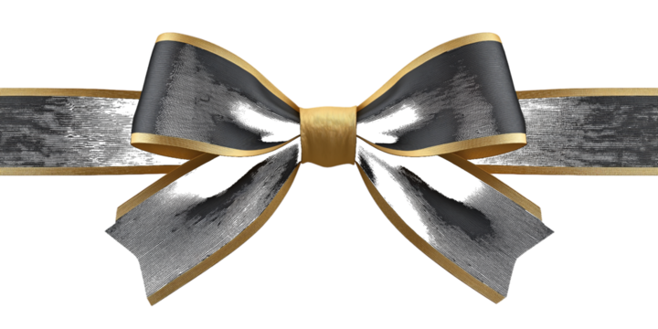 Black ribbon bow with gold trim and textured center on black isolated on a transparent background