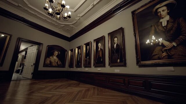 A dimly lit gallery showcases grand portraits, their solemn faces watching as you wander past. The warm glow casts intriguing shadows, whispering secrets from a bygone era.  