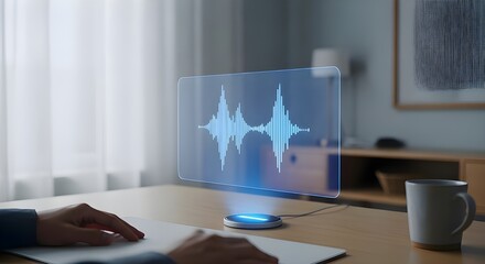 Modern smart assistant displaying audio waveform, hands interacting with technology at desk