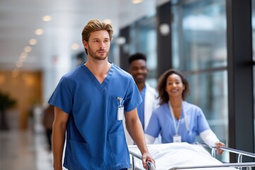 Caucasian male nurse leading healthcare team with stretcher in hospital corridor