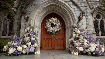 Church Entrance Decorated With Floral Arrangement And Wreath