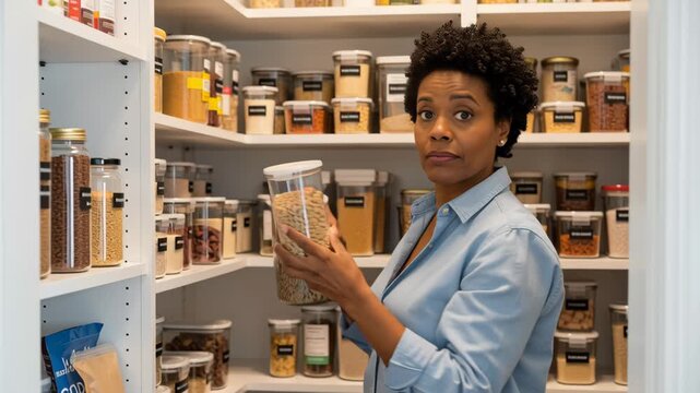 African American woman organizing pantry holding jar of dry food looking at camera in modern kitchen for home organization, storage, and lifestyle concept