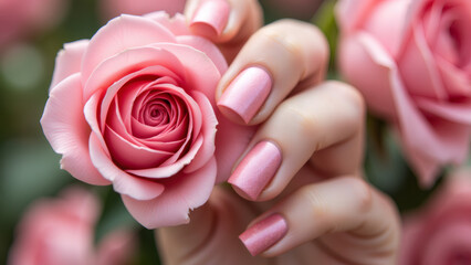 Woman's hand with pink polished nails holding a pink rose in a garden