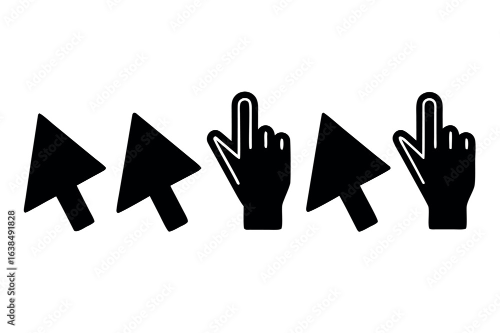 Poster collection of six distinct computer mouse pointer icons in a row
