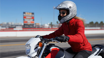 Young caucasian female riding motorcycle on sunny track in red jacket and helmet