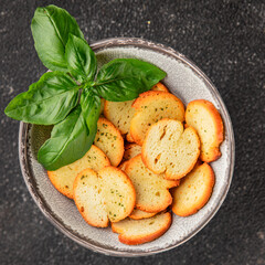 Crisps croutons with greens croutons delicious snack fresh delicious gourmet food background on the table  rustic food top view copy space