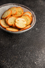 Crisps croutons with greens croutons delicious snack fresh delicious gourmet food background on the table  rustic food top view copy space