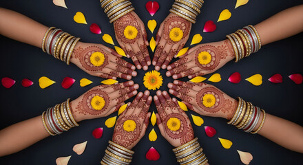 Vibrant hands adorned with intricate henna and sparkling bangles arranged with colorful petals