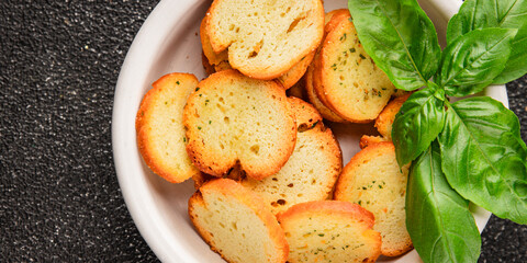 Crisps croutons with greens croutons delicious snack fresh delicious gourmet food background on the table  rustic food top view copy space