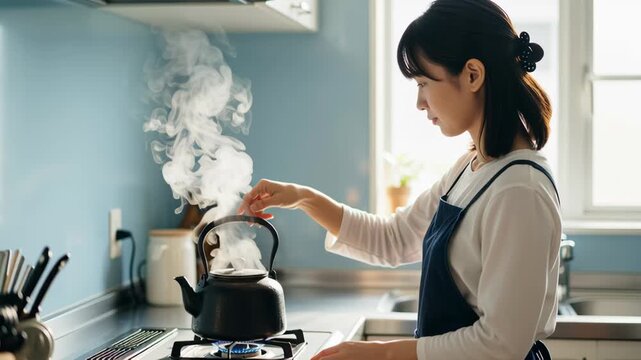 Asian Woman Preparing Hot Water in Kitchen with Kettle on Gas Stove, Steaming Water, Cozy Home, Modern Kitchen Interior, Healthy Lifestyle, Morning Routine, Tea Time, Minimalist Design, Blue Walls,