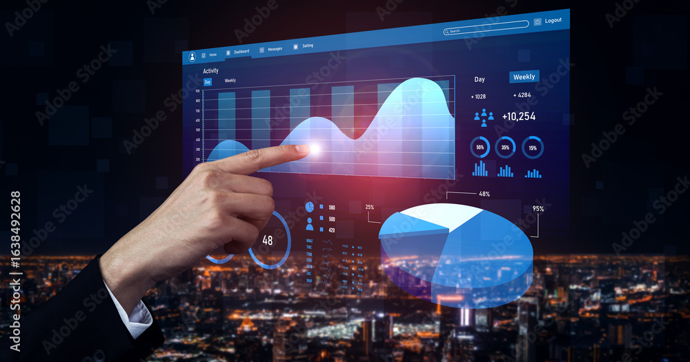 Poster a businessperson engages with a digital touchscreen displaying data visualizations over a vibrant ci