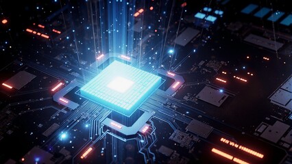 Extreme Close-Up of Modern Circuit Board Featuring Microchips and Gold-Plated Elements, AI Generative