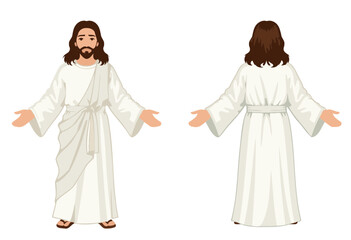 Vector illustration of Jesus Christ in white robe, front and back view, isolated on white background. Clean flat design, perfect for religious projects.
