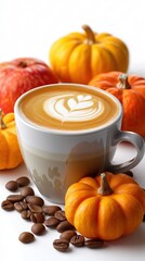 Autumn pumpkin spice latte with latte art surrounded by pumpkins and coffee beans