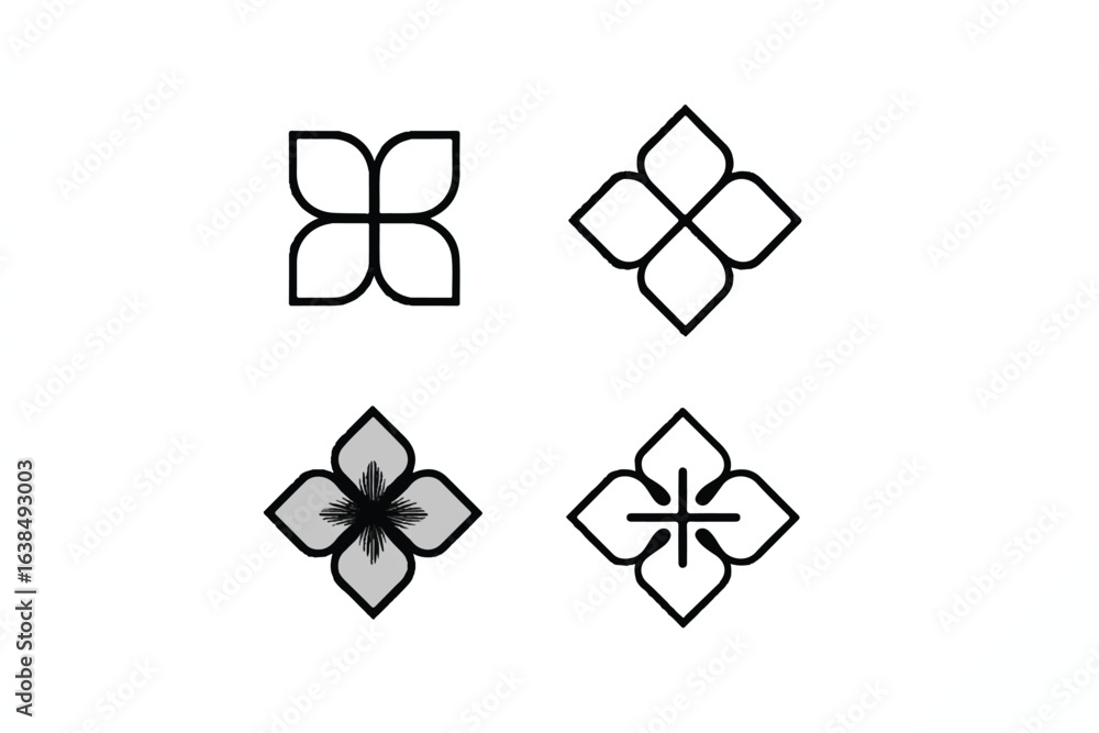 Poster set of floral graphic design elements in various styles for branding and decoration projects present