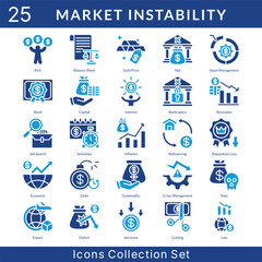 Market Instability icon set collection in solid glyph style. an icon pack contain capital, interest, bankruptcy, recession, job search, annuities, inflation, refinancing, reputation loss, economic