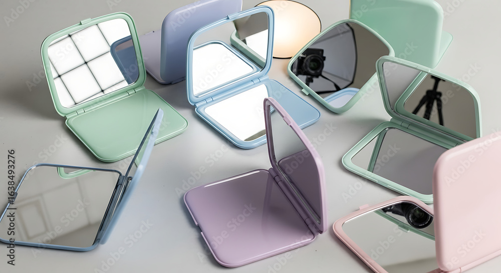 Poster colorful compact mirrors arranged on a table in a studio setting