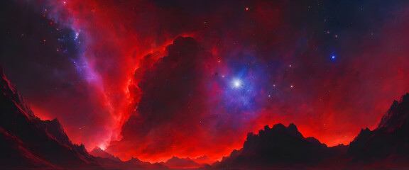 A breathtaking panoramic view of a vibrant nebula, painted across a dark night sky above a rugged, mountainous landscape.  Shades of deep red and purple dominate the scene.