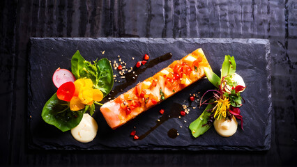 A delectable salmon dish, artfully plated with vibrant vegetables and a creamy sauce.  A culinary masterpiece!