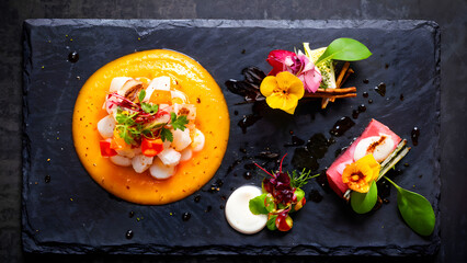 Elegant seafood appetizer featuring scallops with a vibrant orange purée, served alongside tuna and garnished with edible flowers. A sophisticated culinary presentation.