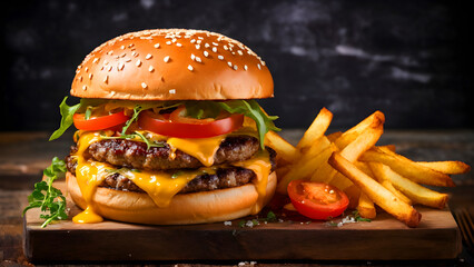 Juicy double cheeseburger with melted cheese, fresh tomato, and lettuce served with golden french fries. A delicious and satisfying meal!