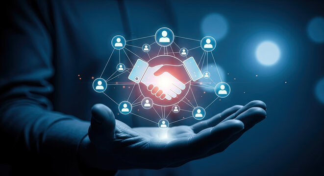 Global Business Partnership and Networking Concept with Handshake and People Icons, Digital Transformation, Technology, Collaboration, and Connection