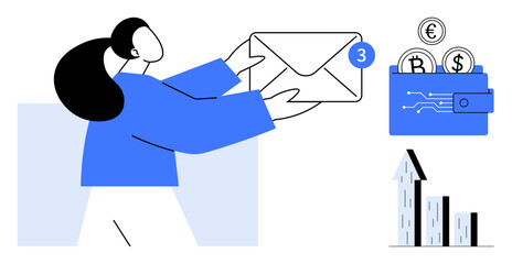 Female holding email with notification. Wallet with crypto coins and upward graph. Ideal for finance, communication, technology, cryptocurrency, email services, fintech, simple landing page